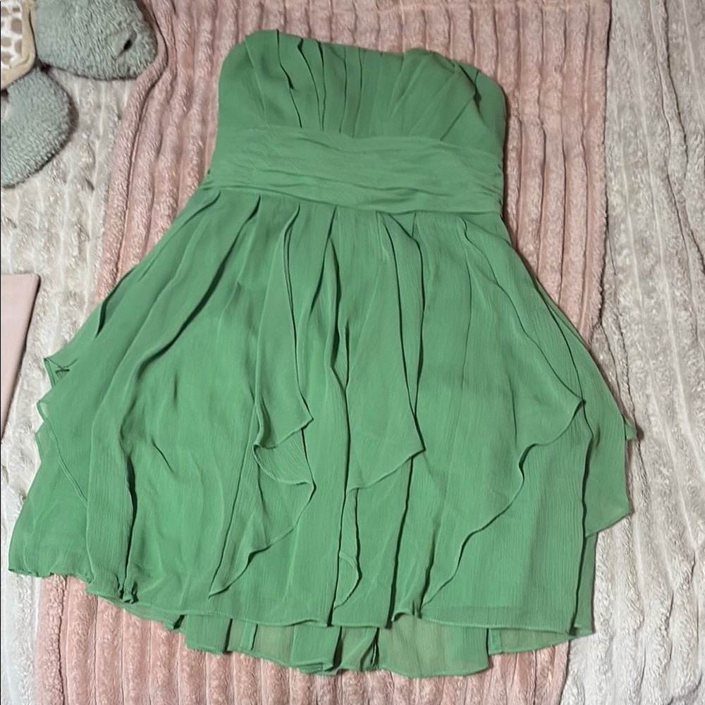 David's Bridal Green Strapless Ruffled A-line Dress